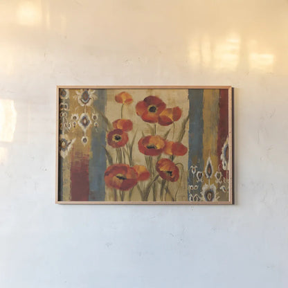 Ikat Floral Tapestry by Silvia Vassileva. shown as a paper print in a natural frame. Available as a archival giclee rolled canvas, fine art paper, or poster print. SKU 6221i.