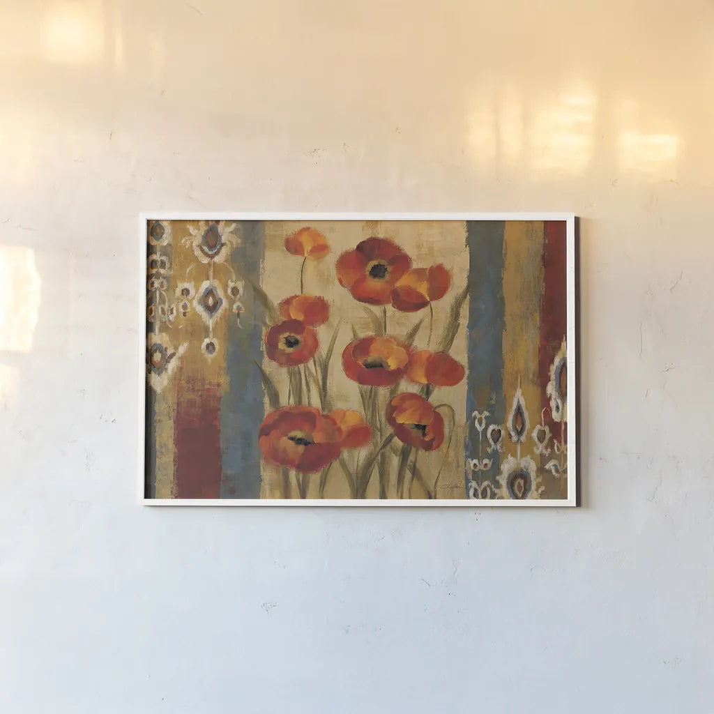 Ikat Floral Tapestry by Silvia Vassileva. shown as a paper print in a white frame. Available as a archival giclee rolled canvas, fine art paper, or poster print. SKU 6221i.