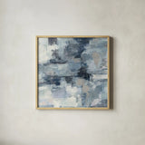 In the Clouds Indigo and Gray Crop by Silvia Vassileva. Shown in a natural wood glass frame for a timeless modern aesthetic. Available as an archival giclee rolled canvas, fine art paper, or poster print. SKU 20867a.