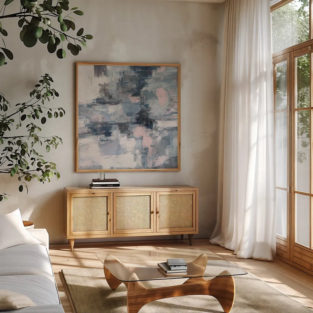 In the Clouds Neutral Pink Crop by Silvia Vassileva. Shown in a natural wood frame in a cozy modern living room. Available as an archival giclee rolled canvas, fine art paper, or poster print. SKU 47866a.