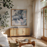 In the Clouds Neutral Pink Crop by Silvia Vassileva. Shown in a natural wood frame in a cozy modern living room. Available as an archival giclee rolled canvas, fine art paper, or poster print. SKU 47866a.