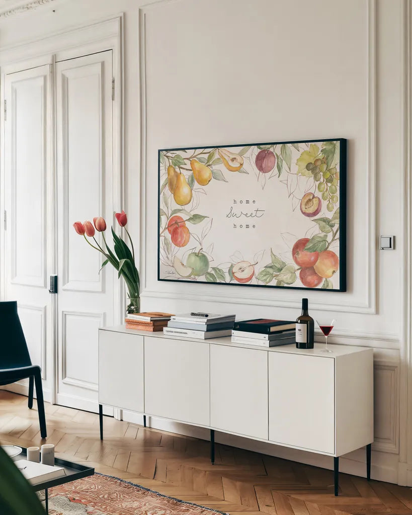 In the Orchard I by Silvia Vassileva. shown as a framed stretched canvas in a living room above a console. Available as a archival giclee rolled canvas, fine art paper, or poster print. SKU 73598i.