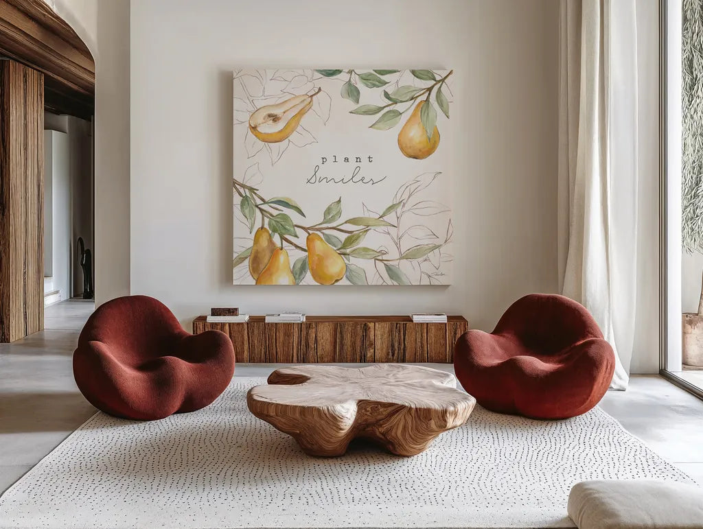 In the Orchard III by Silvia Vassileva. Shown as extra-large giant wall art in a modern living room. Available as an archival giclee rolled canvas, fine art paper, or poster print. SKU 73600a.