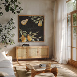In the Orchard III Dark by Silvia Vassileva. Shown in a natural wood frame in a cozy modern living room. Available as an archival giclee rolled canvas, fine art paper, or poster print. SKU 93724a.
