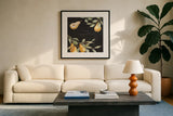 In the Orchard III Dark by Silvia Vassileva. Displayed in a glass frame with matte in a clean modern living room. Available as an archival giclee rolled canvas, fine art paper, or poster print. SKU 93724a.