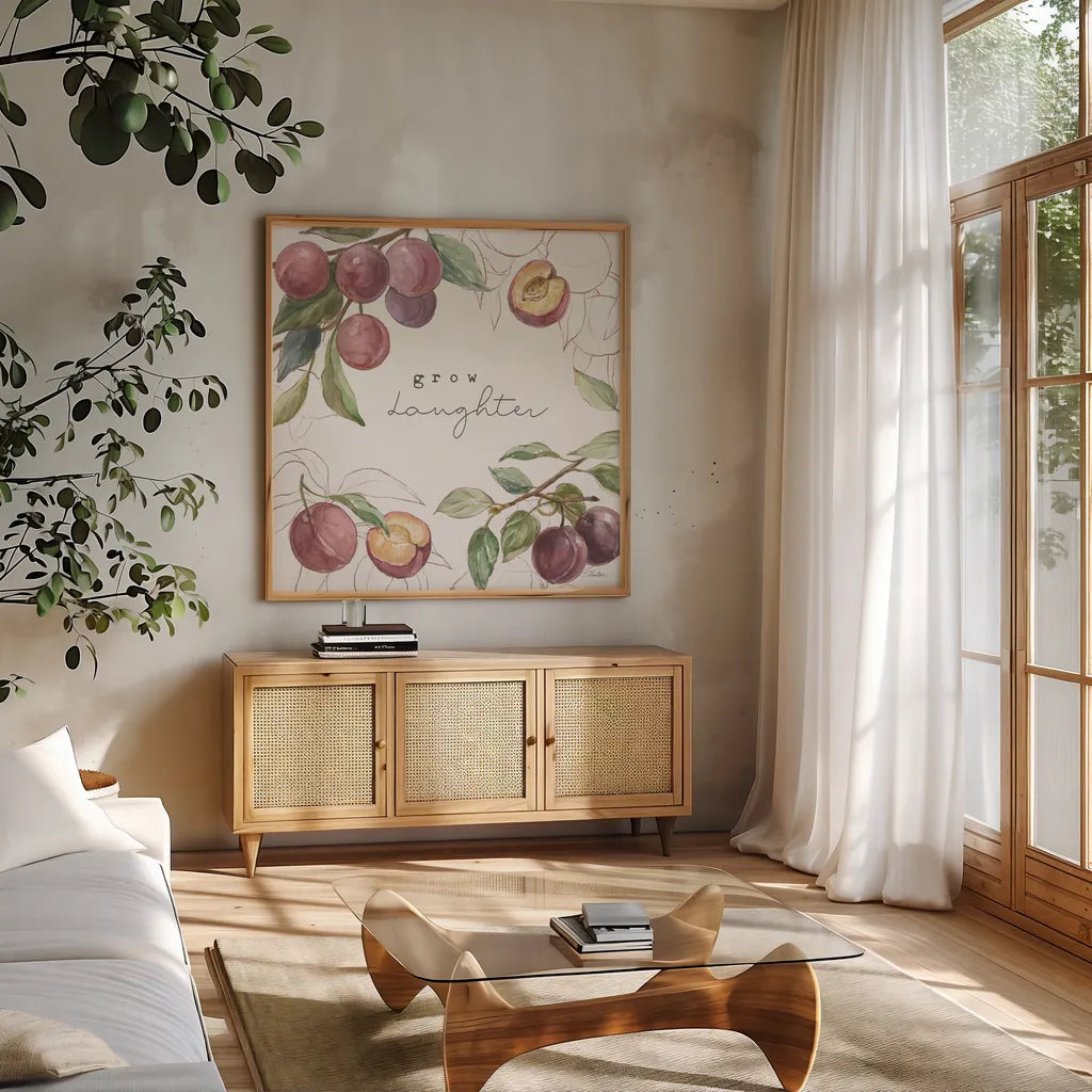 In the Orchard IV by Silvia Vassileva. Shown in a natural wood frame in a cozy modern living room. Available as an archival giclee rolled canvas, fine art paper, or poster print. SKU 73601a.