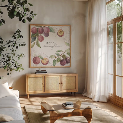 In the Orchard IV by Silvia Vassileva. Shown in a natural wood frame in a cozy modern living room. Available as an archival giclee rolled canvas, fine art paper, or poster print. SKU 73601a.