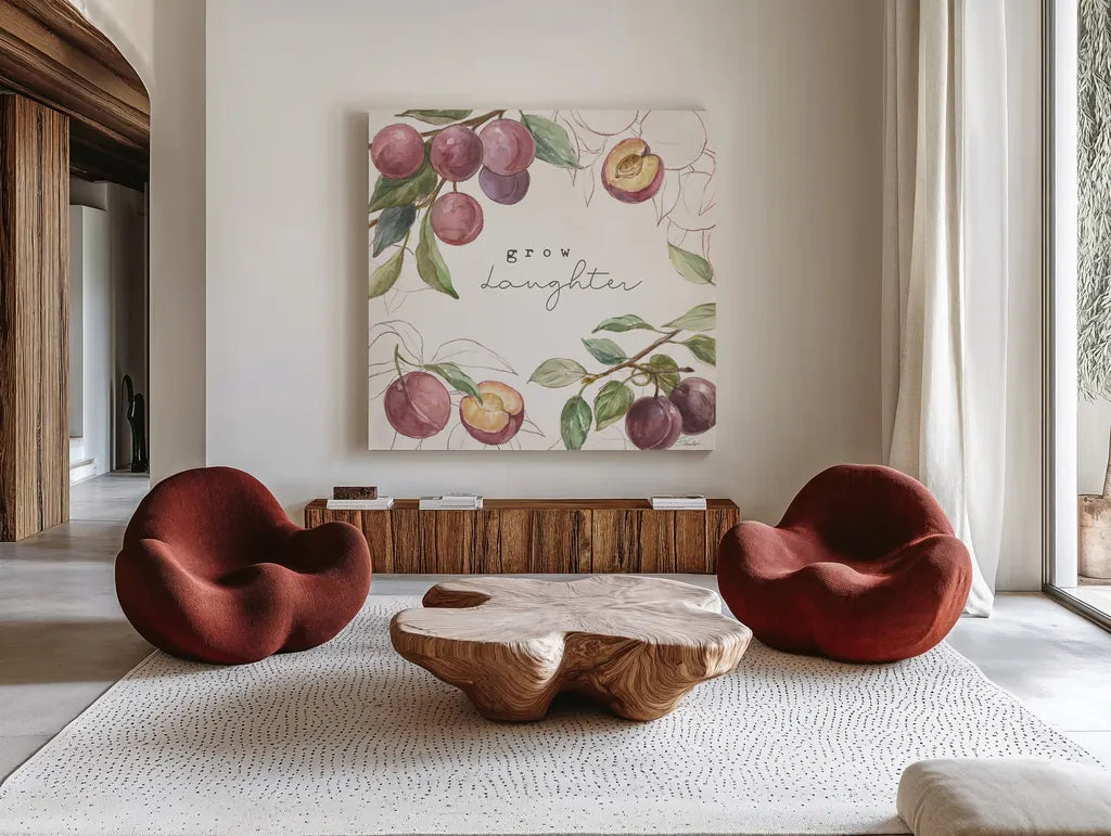 In the Orchard IV by Silvia Vassileva. Shown as extra-large giant wall art in a modern living room. Available as an archival giclee rolled canvas, fine art paper, or poster print. SKU 73601a.
