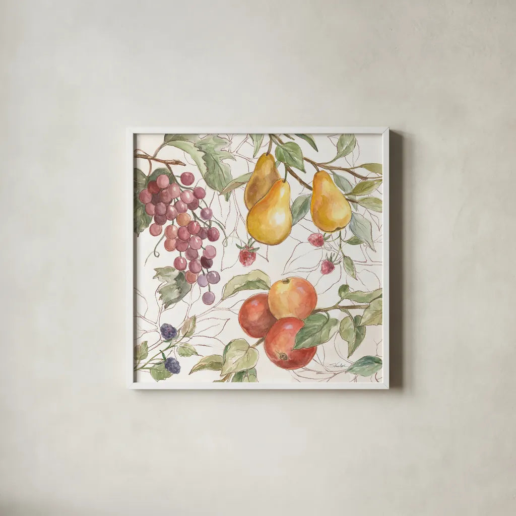In the Orchard VII by Silvia Vassileva. Shown in a crisp white glass frame for a clean and minimalist style. Available as an archival giclee rolled canvas, fine art paper, or poster print. SKU 73604a.