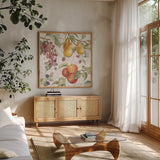 In the Orchard VII by Silvia Vassileva. Shown in a natural wood frame in a cozy modern living room. Available as an archival giclee rolled canvas, fine art paper, or poster print. SKU 73604a.