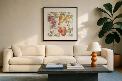 In the Orchard VII by Silvia Vassileva. Displayed in a glass frame with matte in a clean modern living room. Available as an archival giclee rolled canvas, fine art paper, or poster print. SKU 73604a.