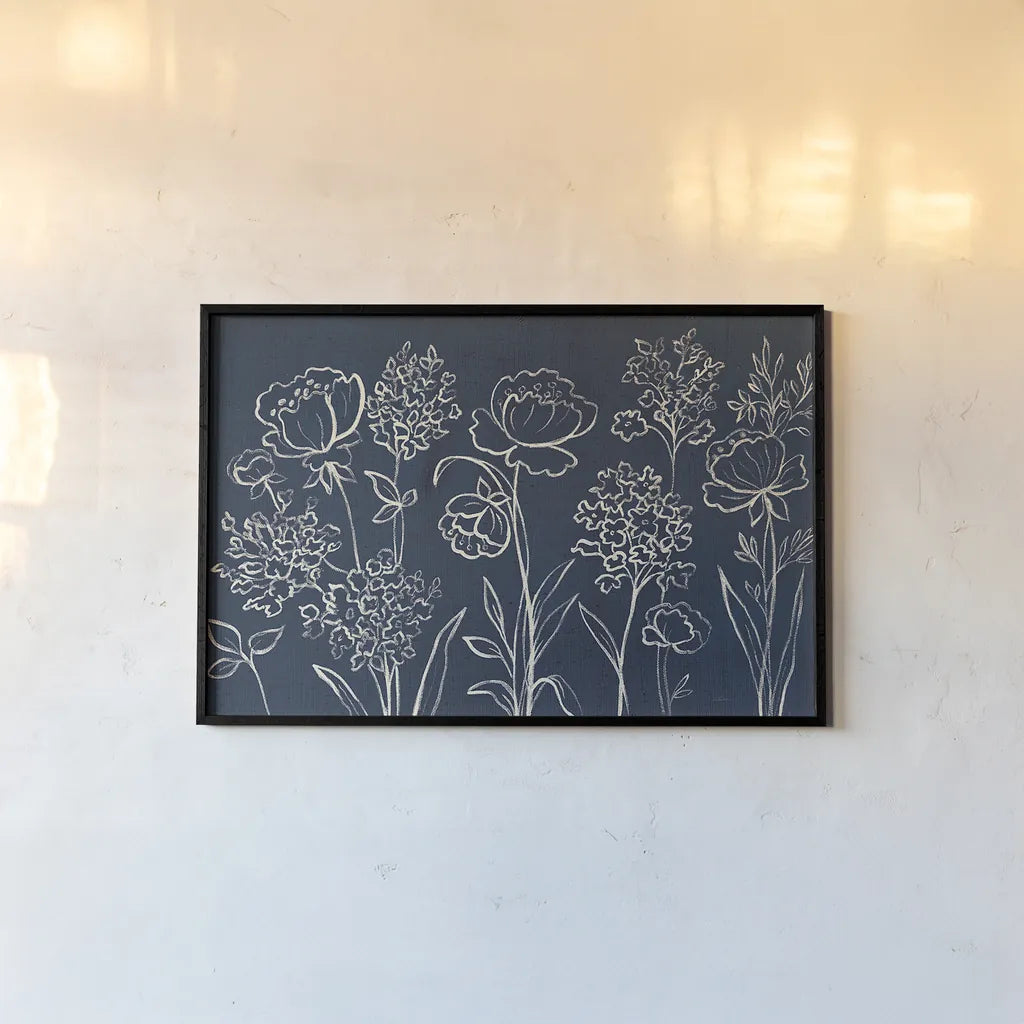 Indigo Floral I by Silvia Vassileva. shown as a paper print in a black flame. Available as a archival giclee rolled canvas, fine art paper, or poster print. SKU 29153i.