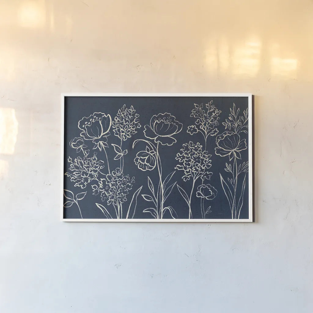 Indigo Floral I by Silvia Vassileva. shown as a paper print in a white frame. Available as a archival giclee rolled canvas, fine art paper, or poster print. SKU 29153i.