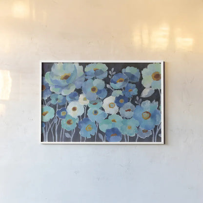 Indigo Flowers by Silvia Vassileva. shown as a paper print in a white frame. Available as a archival giclee rolled canvas, fine art paper, or poster print. SKU 17474i.
