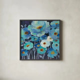 Indigo Flowers II by Silvia Vassileva. Shown in a sleek black glass frame for a contemporary gallery look. Available as an archival giclee rolled canvas, fine art paper, or poster print. SKU 17814a.