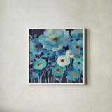 Indigo Flowers II by Silvia Vassileva. Shown in a crisp white glass frame for a clean and minimalist style. Available as an archival giclee rolled canvas, fine art paper, or poster print. SKU 17814a.