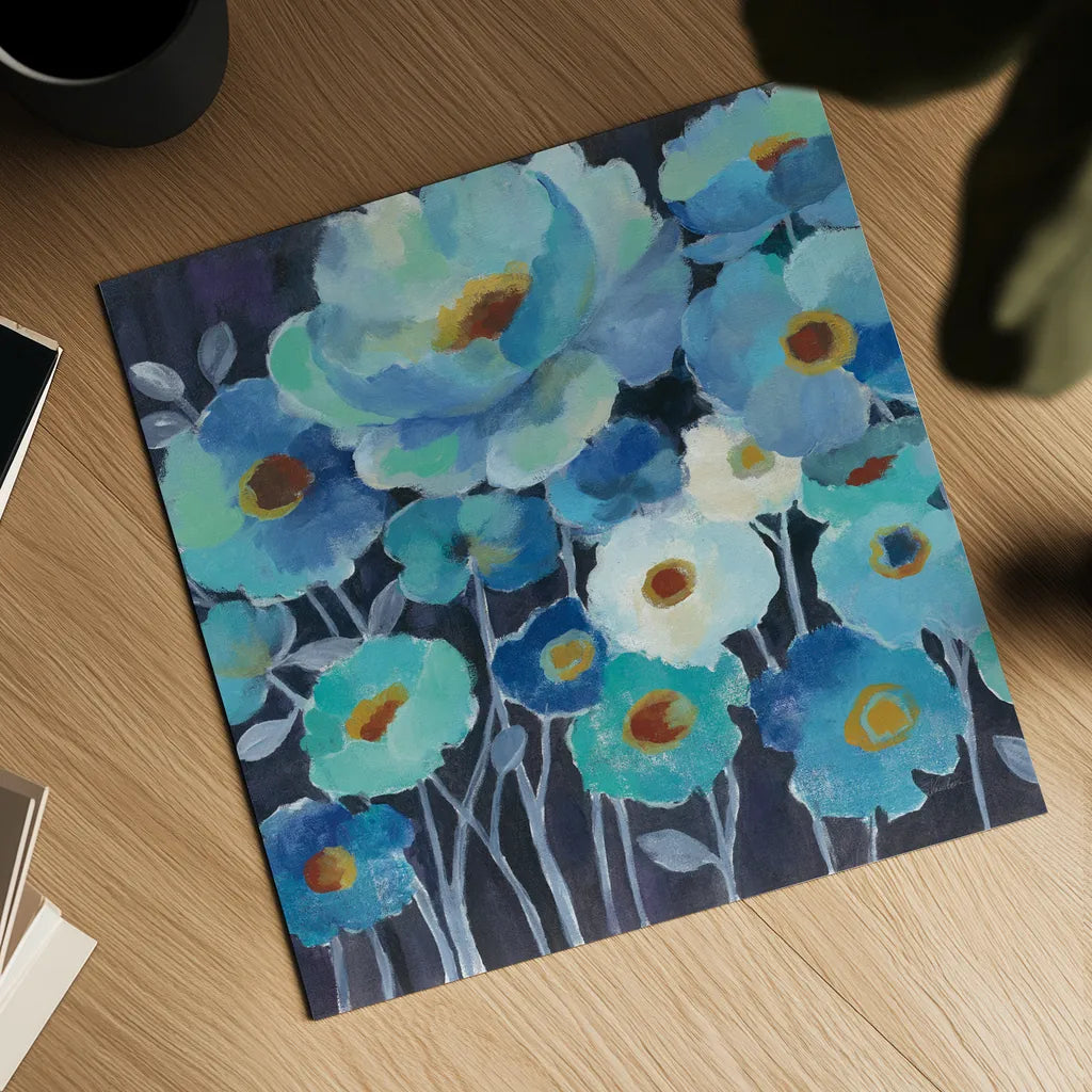 Indigo Flowers III by Silvia Vassileva. Shown as a detailed flat fine art print, highlighting archival giclee quality. Available as an archival giclee rolled canvas, fine art paper, or poster print. SKU 17815a.