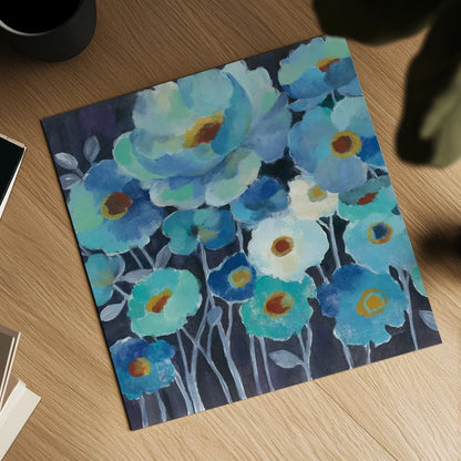 Indigo Flowers III by Silvia Vassileva. Shown as a detailed flat fine art print, highlighting archival giclee quality. Available as an archival giclee rolled canvas, fine art paper, or poster print. SKU 17815a.