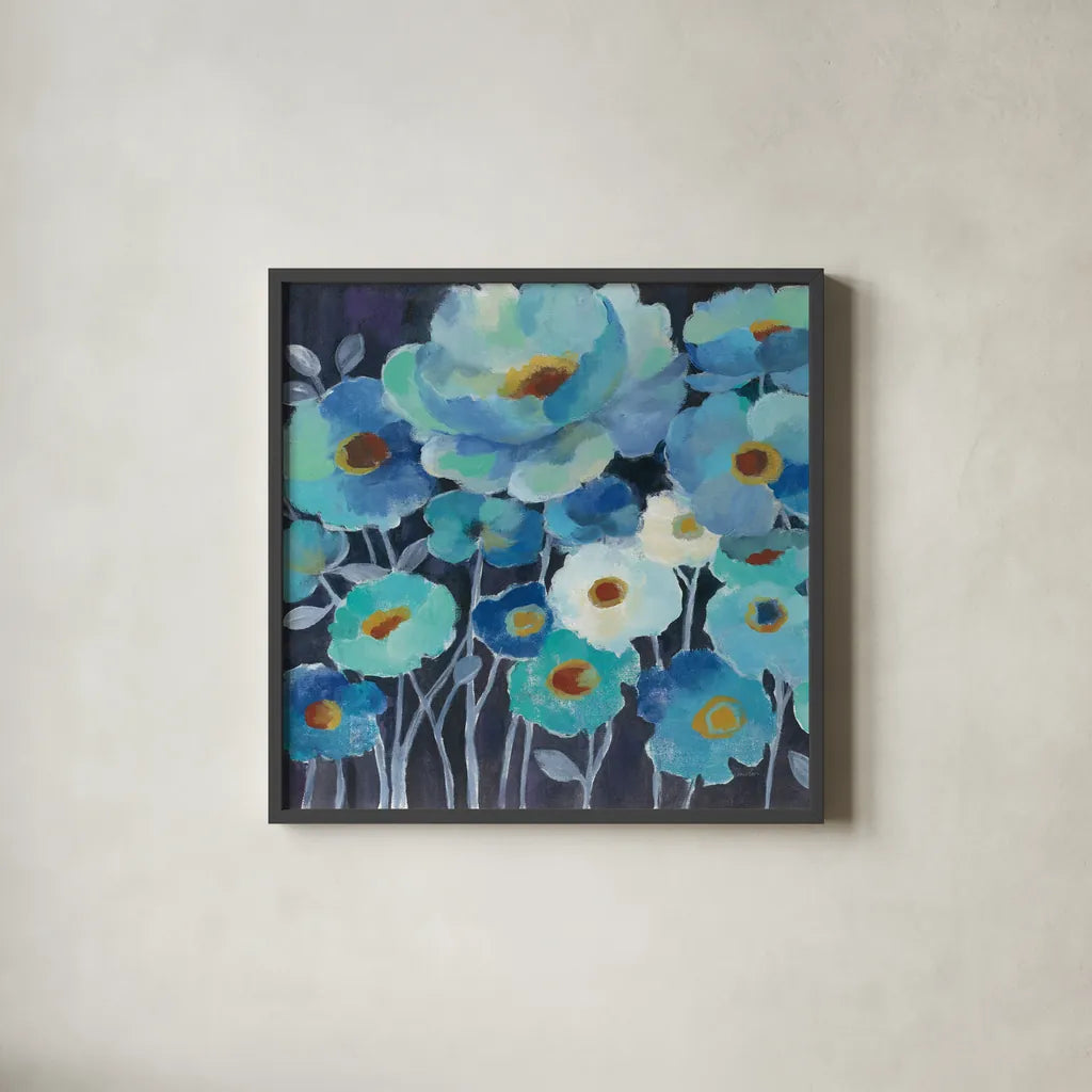 Indigo Flowers III by Silvia Vassileva. Shown in a sleek black glass frame for a contemporary gallery look. Available as an archival giclee rolled canvas, fine art paper, or poster print. SKU 17815a.