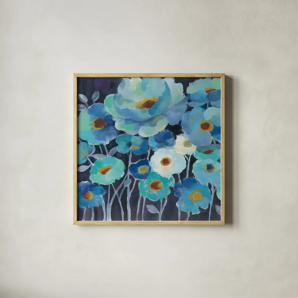 Indigo Flowers III by Silvia Vassileva. Shown in a natural wood glass frame for a timeless modern aesthetic. Available as an archival giclee rolled canvas, fine art paper, or poster print. SKU 17815a.