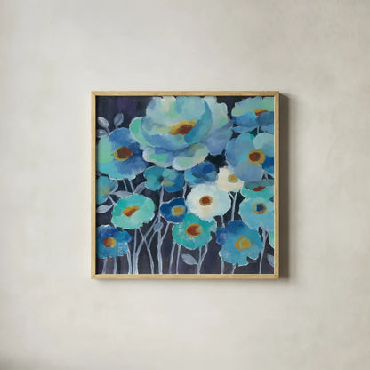 Indigo Flowers III by Silvia Vassileva. Shown in a natural wood glass frame for a timeless modern aesthetic. Available as an archival giclee rolled canvas, fine art paper, or poster print. SKU 17815a.