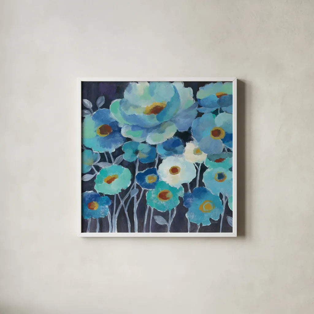 Indigo Flowers III by Silvia Vassileva. Shown in a crisp white glass frame for a clean and minimalist style. Available as an archival giclee rolled canvas, fine art paper, or poster print. SKU 17815a.