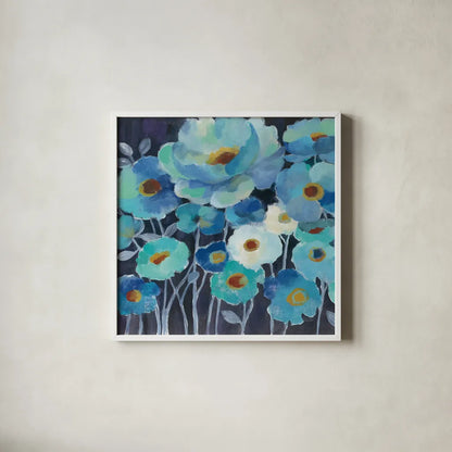 Indigo Flowers III by Silvia Vassileva. Shown in a crisp white glass frame for a clean and minimalist style. Available as an archival giclee rolled canvas, fine art paper, or poster print. SKU 17815a.
