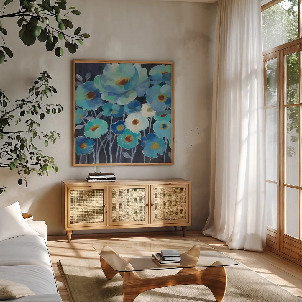 Indigo Flowers III by Silvia Vassileva. Shown in a natural wood frame in a cozy modern living room. Available as an archival giclee rolled canvas, fine art paper, or poster print. SKU 17815a.