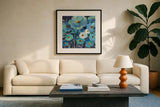 Indigo Flowers III by Silvia Vassileva. Displayed in a glass frame with matte in a clean modern living room. Available as an archival giclee rolled canvas, fine art paper, or poster print. SKU 17815a.