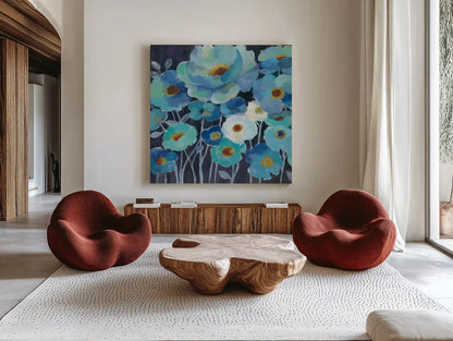 Indigo Flowers III by Silvia Vassileva. Shown as extra-large giant wall art in a modern living room. Available as an archival giclee rolled canvas, fine art paper, or poster print. SKU 17815a.