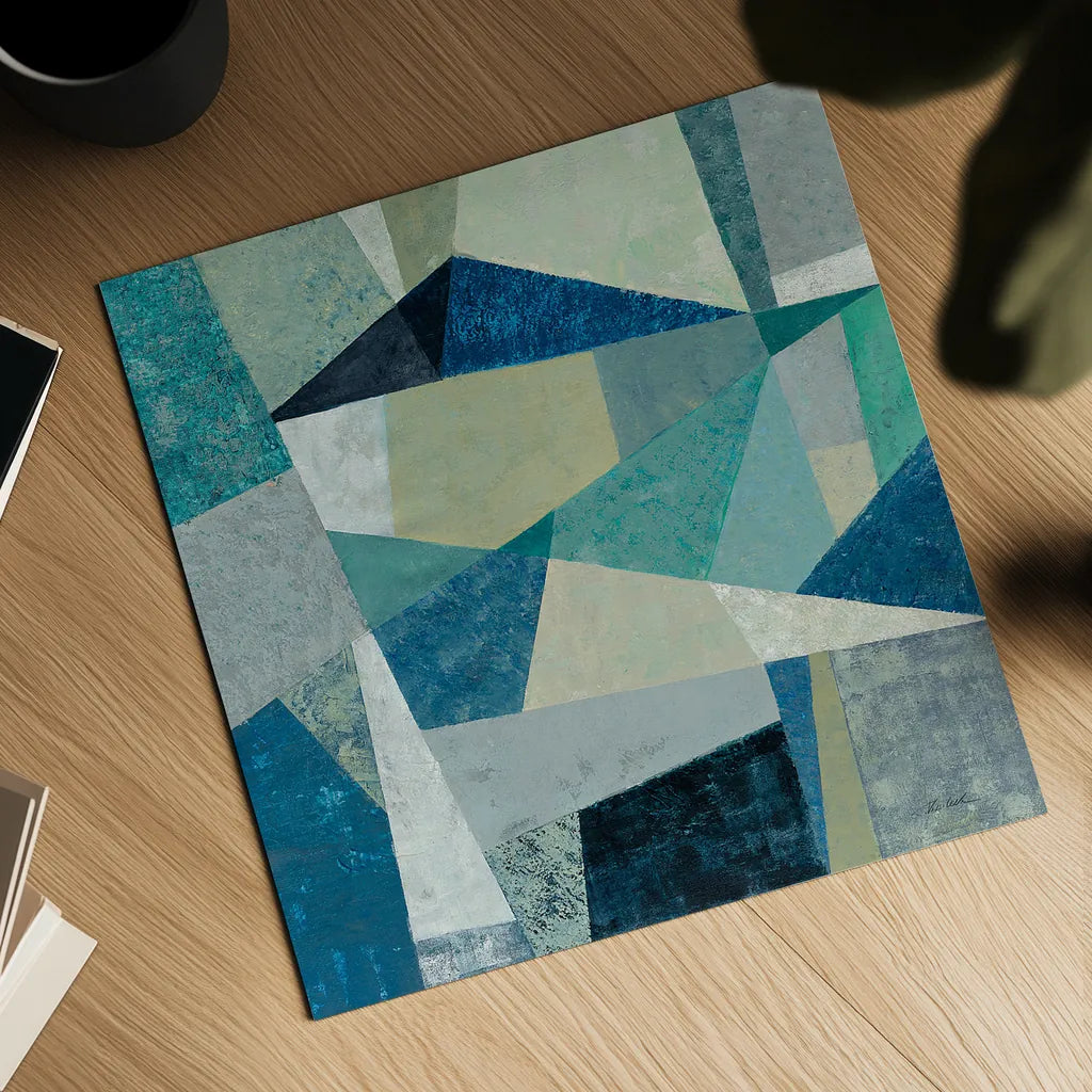 Indigo Geo Metric by Silvia Vassileva. Shown as a detailed flat fine art print, highlighting archival giclee quality. Available as an archival giclee rolled canvas, fine art paper, or poster print. SKU 23834a.