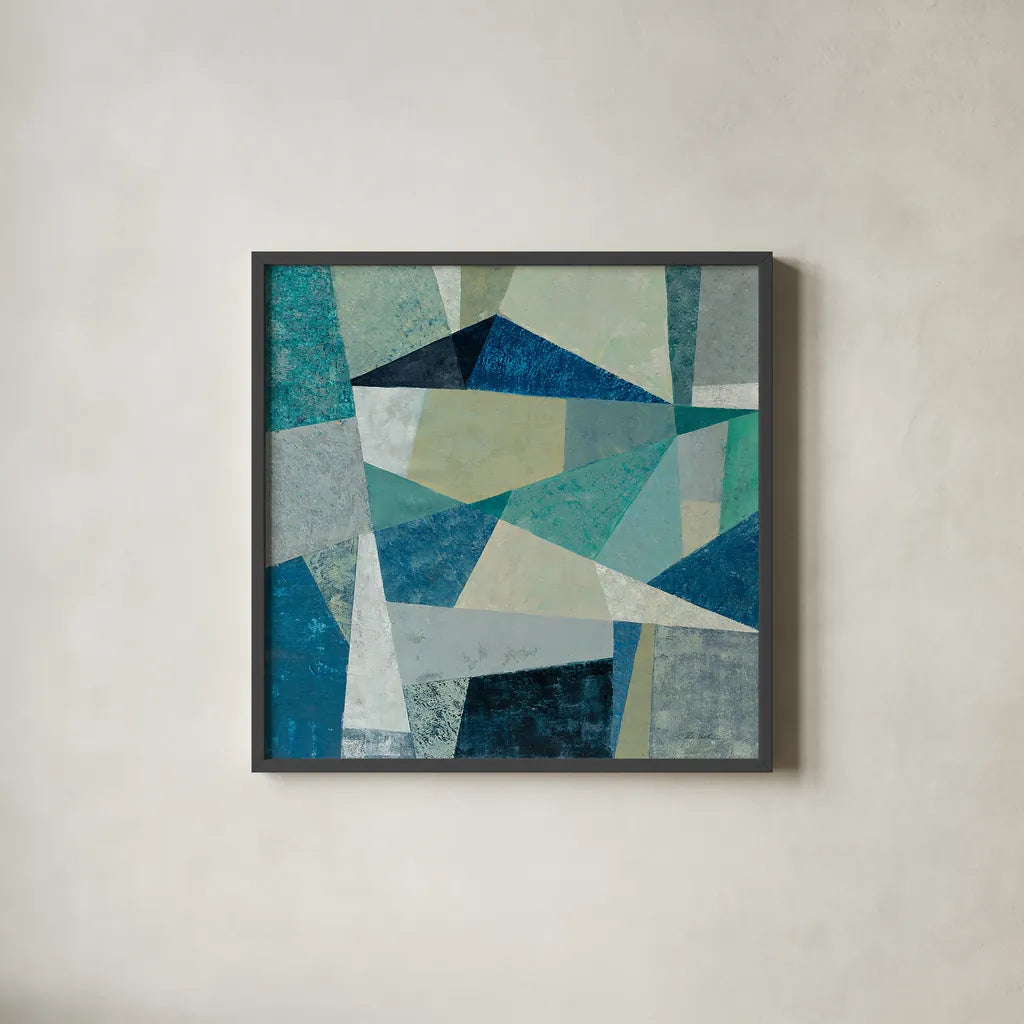 Indigo Geo Metric by Silvia Vassileva. Shown in a sleek black glass frame for a contemporary gallery look. Available as an archival giclee rolled canvas, fine art paper, or poster print. SKU 23834a.