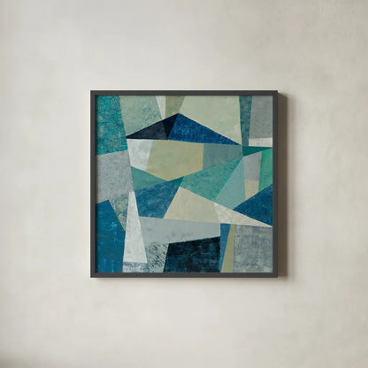 Indigo Geo Metric by Silvia Vassileva. Shown in a sleek black glass frame for a contemporary gallery look. Available as an archival giclee rolled canvas, fine art paper, or poster print. SKU 23834a.