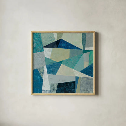 Indigo Geo Metric by Silvia Vassileva. Shown in a natural wood glass frame for a timeless modern aesthetic. Available as an archival giclee rolled canvas, fine art paper, or poster print. SKU 23834a.