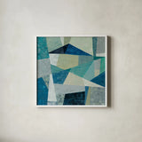 Indigo Geo Metric by Silvia Vassileva. Shown in a crisp white glass frame for a clean and minimalist style. Available as an archival giclee rolled canvas, fine art paper, or poster print. SKU 23834a.
