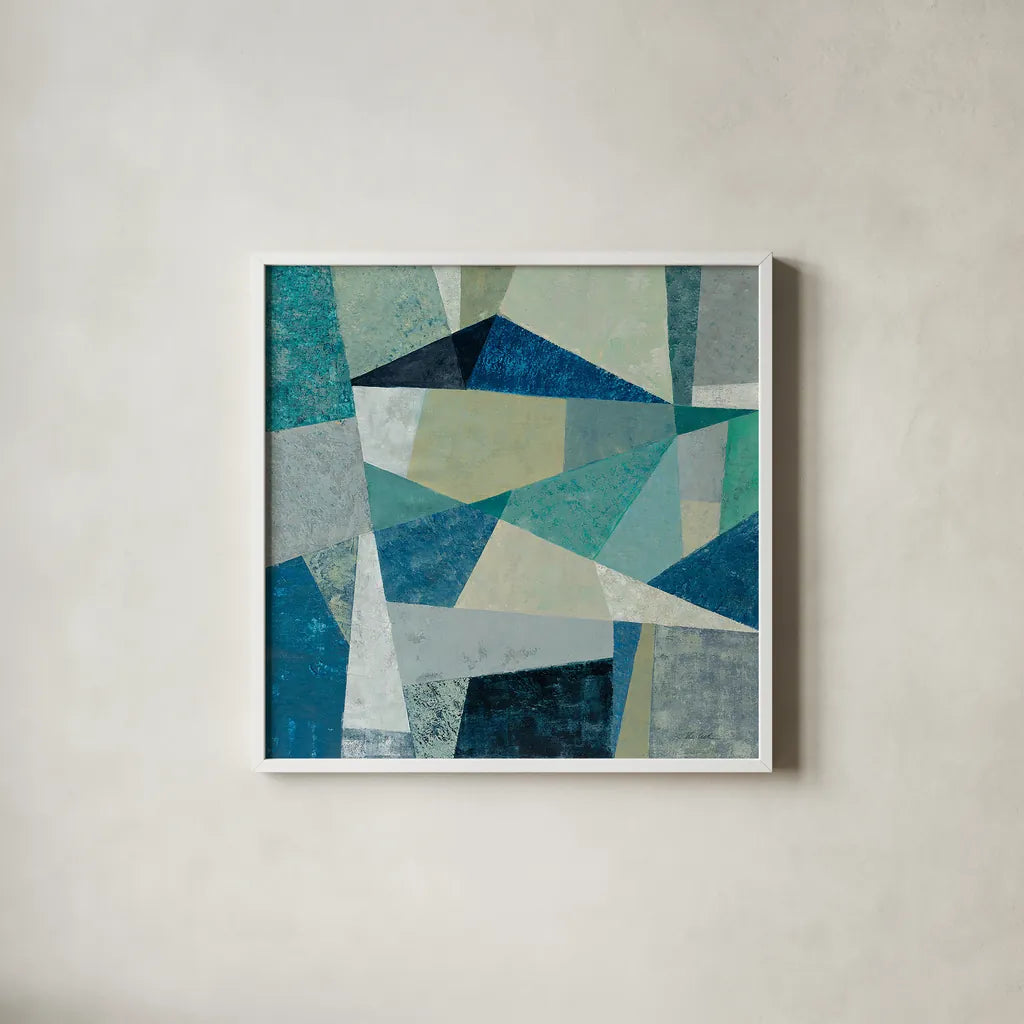 Indigo Geo Metric by Silvia Vassileva. Shown in a crisp white glass frame for a clean and minimalist style. Available as an archival giclee rolled canvas, fine art paper, or poster print. SKU 23834a.