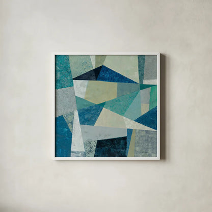 Indigo Geo Metric by Silvia Vassileva. Shown in a crisp white glass frame for a clean and minimalist style. Available as an archival giclee rolled canvas, fine art paper, or poster print. SKU 23834a.
