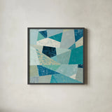 Indigo Geo Metric II Soft by Silvia Vassileva. Shown in a sleek black glass frame for a contemporary gallery look. Available as an archival giclee rolled canvas, fine art paper, or poster print. SKU 30773a.
