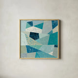 Indigo Geo Metric II Soft by Silvia Vassileva. Shown in a natural wood glass frame for a timeless modern aesthetic. Available as an archival giclee rolled canvas, fine art paper, or poster print. SKU 30773a.