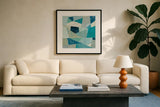 Indigo Geo Metric II Soft by Silvia Vassileva. Displayed in a glass frame with matte in a clean modern living room. Available as an archival giclee rolled canvas, fine art paper, or poster print. SKU 30773a.