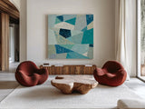 Indigo Geo Metric II Soft by Silvia Vassileva. Shown as extra-large giant wall art in a modern living room. Available as an archival giclee rolled canvas, fine art paper, or poster print. SKU 30773a.