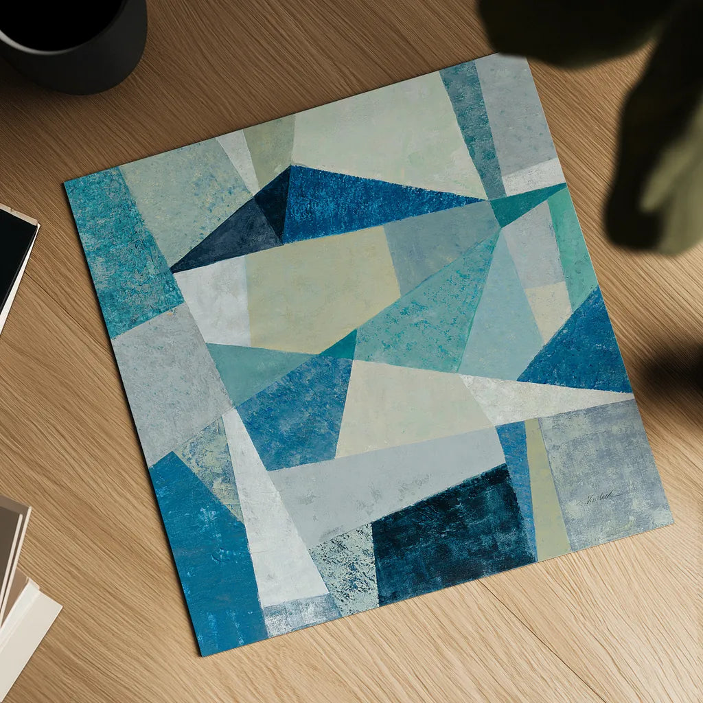 Indigo Geo Metric Soft by Silvia Vassileva. Shown as a detailed flat fine art print, highlighting archival giclee quality. Available as an archival giclee rolled canvas, fine art paper, or poster print. SKU 30772a.