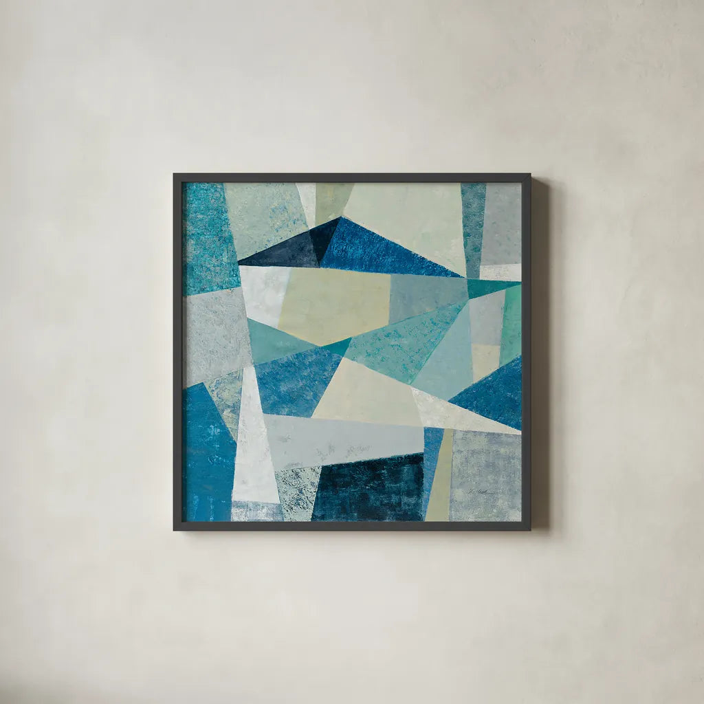 Indigo Geo Metric Soft by Silvia Vassileva. Shown in a sleek black glass frame for a contemporary gallery look. Available as an archival giclee rolled canvas, fine art paper, or poster print. SKU 30772a.