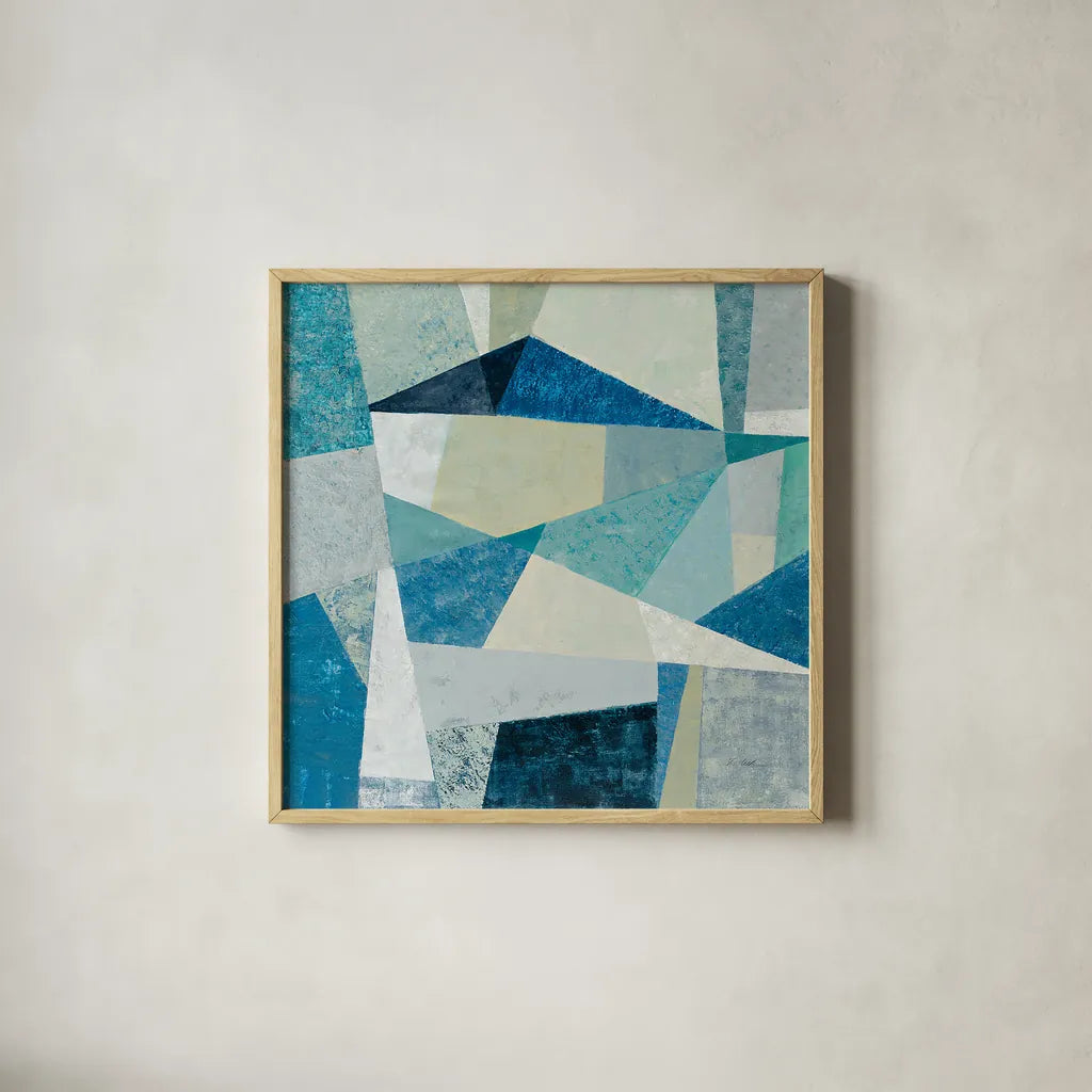 Indigo Geo Metric Soft by Silvia Vassileva. Shown in a natural wood glass frame for a timeless modern aesthetic. Available as an archival giclee rolled canvas, fine art paper, or poster print. SKU 30772a.