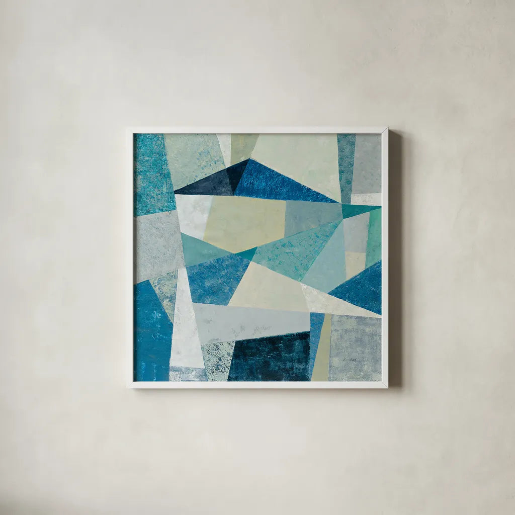 Indigo Geo Metric Soft by Silvia Vassileva. Shown in a crisp white glass frame for a clean and minimalist style. Available as an archival giclee rolled canvas, fine art paper, or poster print. SKU 30772a.
