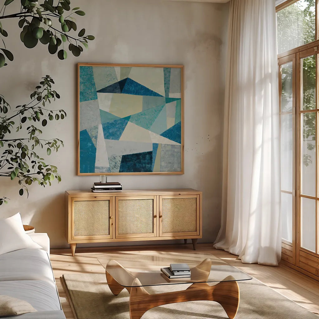 Indigo Geo Metric Soft by Silvia Vassileva. Shown in a natural wood frame in a cozy modern living room. Available as an archival giclee rolled canvas, fine art paper, or poster print. SKU 30772a.