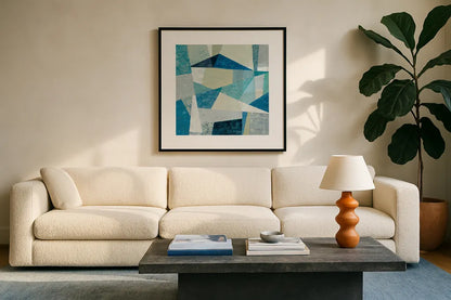 Indigo Geo Metric Soft by Silvia Vassileva. Displayed in a glass frame with matte in a clean modern living room. Available as an archival giclee rolled canvas, fine art paper, or poster print. SKU 30772a.