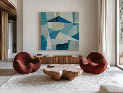 Indigo Geo Metric Soft by Silvia Vassileva. Shown as extra-large giant wall art in a modern living room. Available as an archival giclee rolled canvas, fine art paper, or poster print. SKU 30772a.