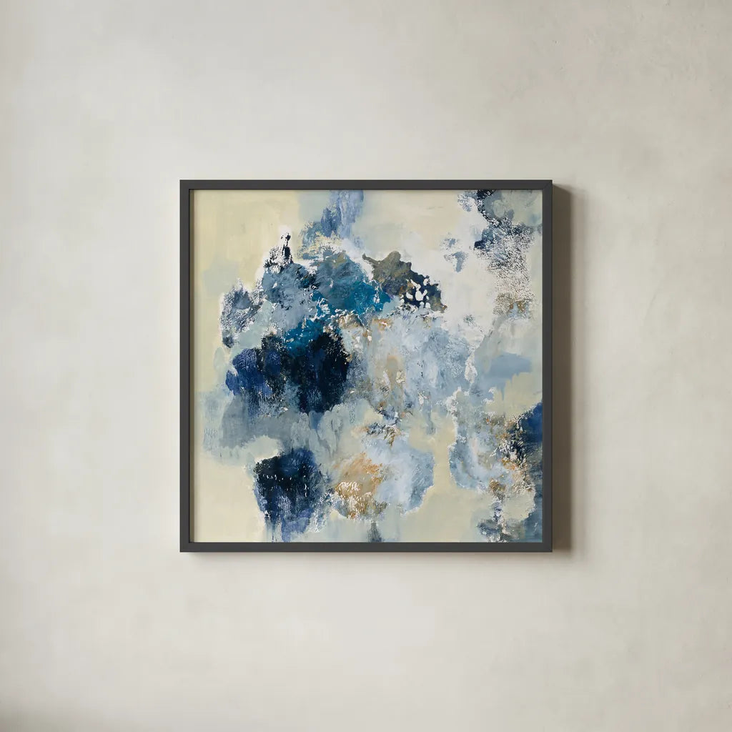Indigo Monotype by Silvia Vassileva. Shown in a sleek black glass frame for a contemporary gallery look. Available as an archival giclee rolled canvas, fine art paper, or poster print. SKU 60360a.