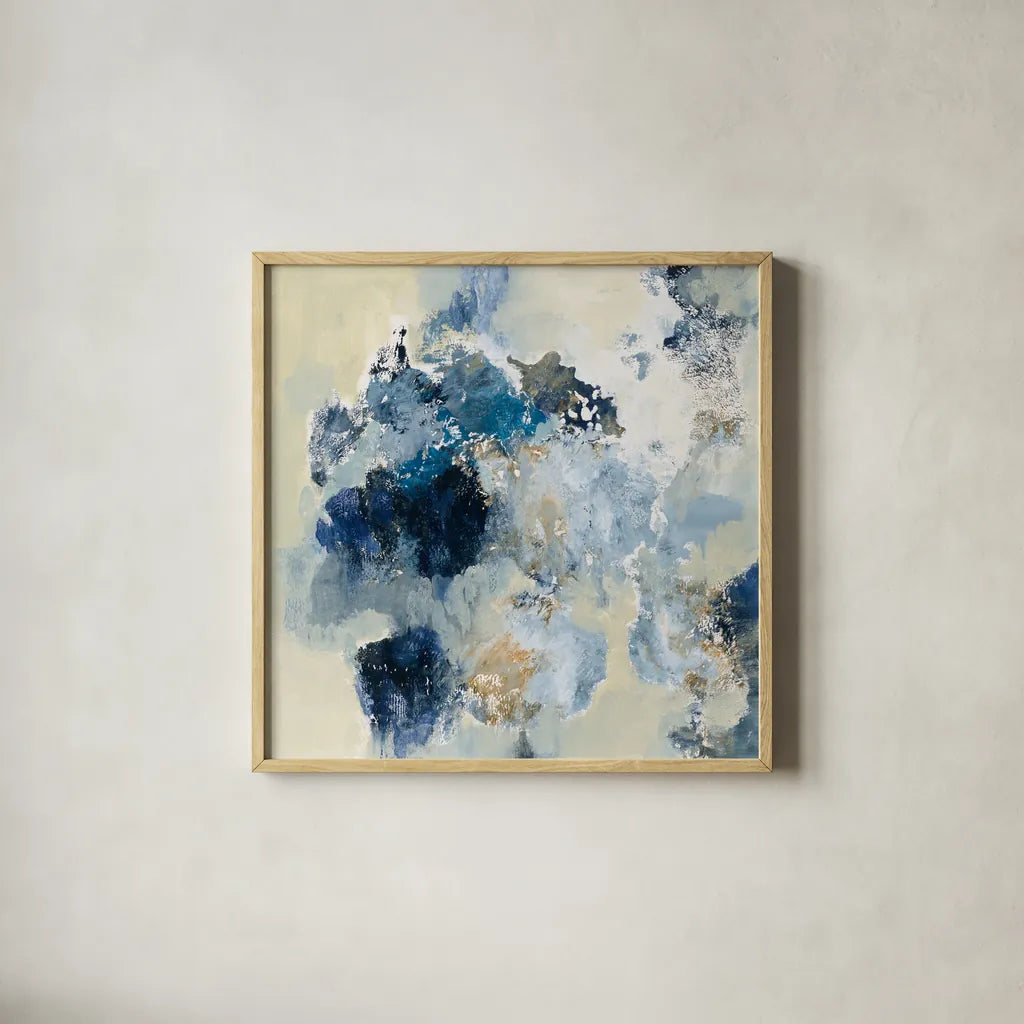 Indigo Monotype by Silvia Vassileva. Shown in a natural wood glass frame for a timeless modern aesthetic. Available as an archival giclee rolled canvas, fine art paper, or poster print. SKU 60360a.